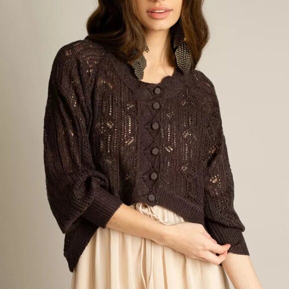 Joyfolie Jelina Button Down High Low Crochet Sweater in Black Coffee NWT - XS - Picture 3 of 8